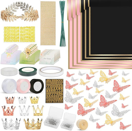 BESUPERT A Bundle of 260Pcs and 52Pcs Flower Bouquet Wrapping Paper Accessories Kit
