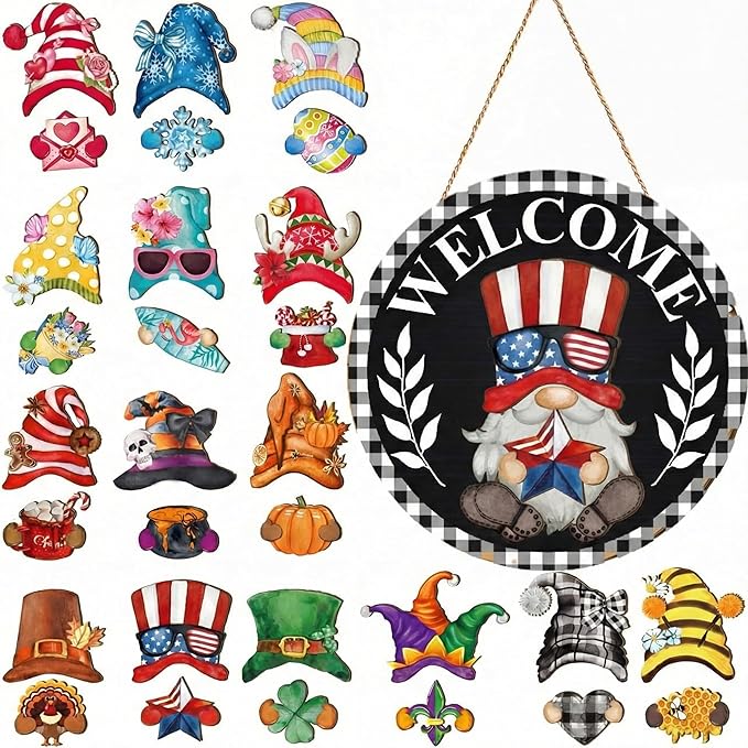 Qunclay Interchangeable Wooden Gnome Decor Holiday Seasonal Gnome Decorations with Magnet Pieces and Detachable Hats Changeable Welcome Sign for Home (Black Watercolor)