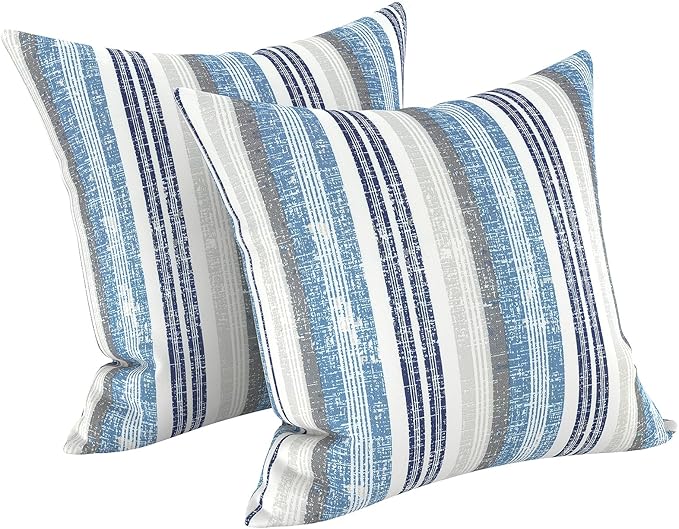 LVTXIII 2 Pack Outdoor Throw Pillow Covers for Patio Furniture, 16x16 Inch Square Pillow Case, Water-Repellent Cushion Covers for Garden, Porch, Sofa, Stripe Layered Blue