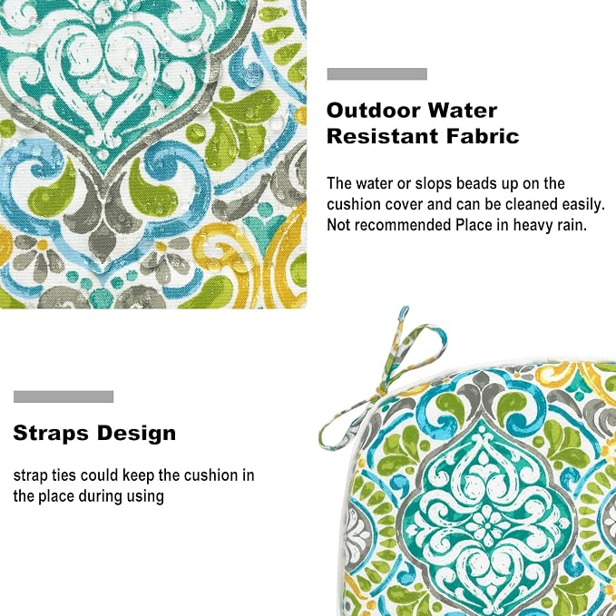 DYTXIII Set of 2 Outdoor Chair Cushions with Ties,Water Repellent Patio Chair Pads 17"x 16" for Outdoor Furniture,Round Corner Seat Cushions for Garden Yard Kitchen Damask Green