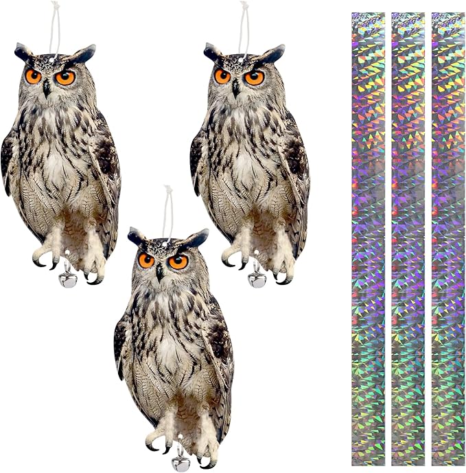 3PCS Hanging Effective Fake Owl Control Device Dual-Side Outdoors Owl with Reflective Tape for Patio Yard Outdoor Front Porch Backyard Windows