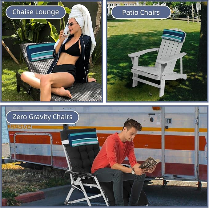 Chaise Lounge Head Pillow, 2 Pack Outdoor Lounge Chair Pillows with Elastic Strap Water Resistant Lounge Head Resting Pillows for Recliner Patio Beach Pool Office Chair(Blue Stripes)