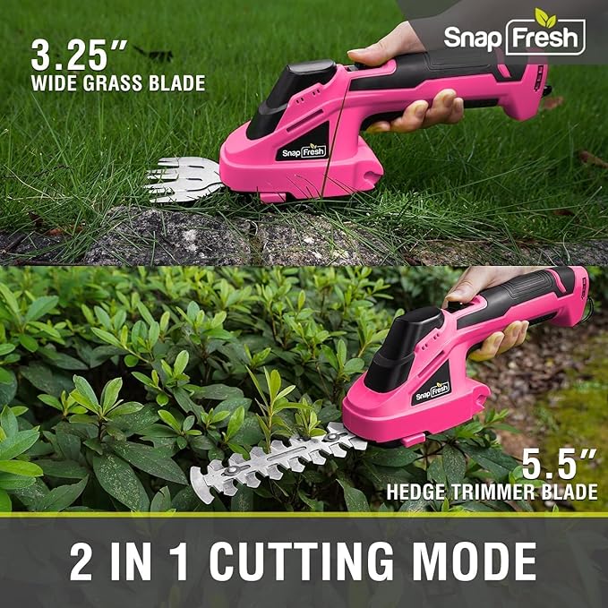 SnapFresh Cordless Hedge Trimmer & Grass Shears, 7.2V 2-in-1 Handheld Electric Bush Trimmer, Lightweight & Low-Noise, Rechargeable Lithium-Ion Battery with Type-C Cable Included (Pink)