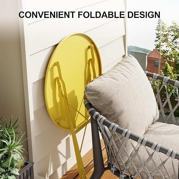 3-Piece Folding Bistro Set, Outdoor Patio Furniture Set with 2 Chairs & 1 Table, Space-Saving Foldable Balcony Garden Set with Heavy-Duty Powder-Coated Steel Frame, No Assembly Required, Yellow