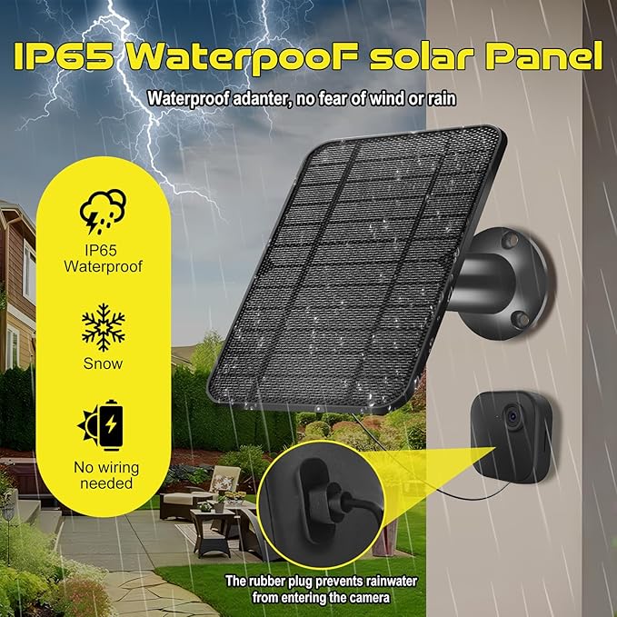 Solar Panel 4W for Blink Camera,Solar Kit Build-in 2000mAh Rechargeable Battery, IP66 Waterproof（Black）