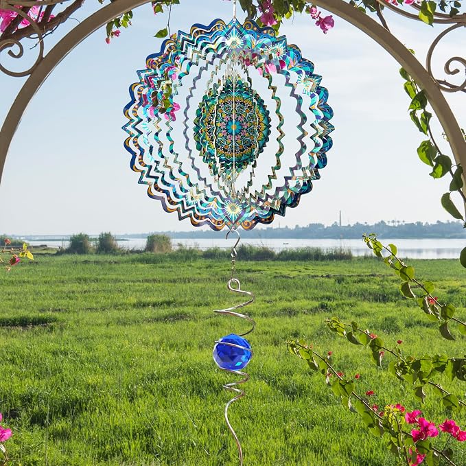 Wind Spinner Mandala Peacock - 12In Laser Cut Stainless Steel Wind Spinners Outdoor, 3D Kinetic Hanging Sculpture, Rustproof Metal Garden Decor Yard Art, Unique Gift for Women, Men, Holidays