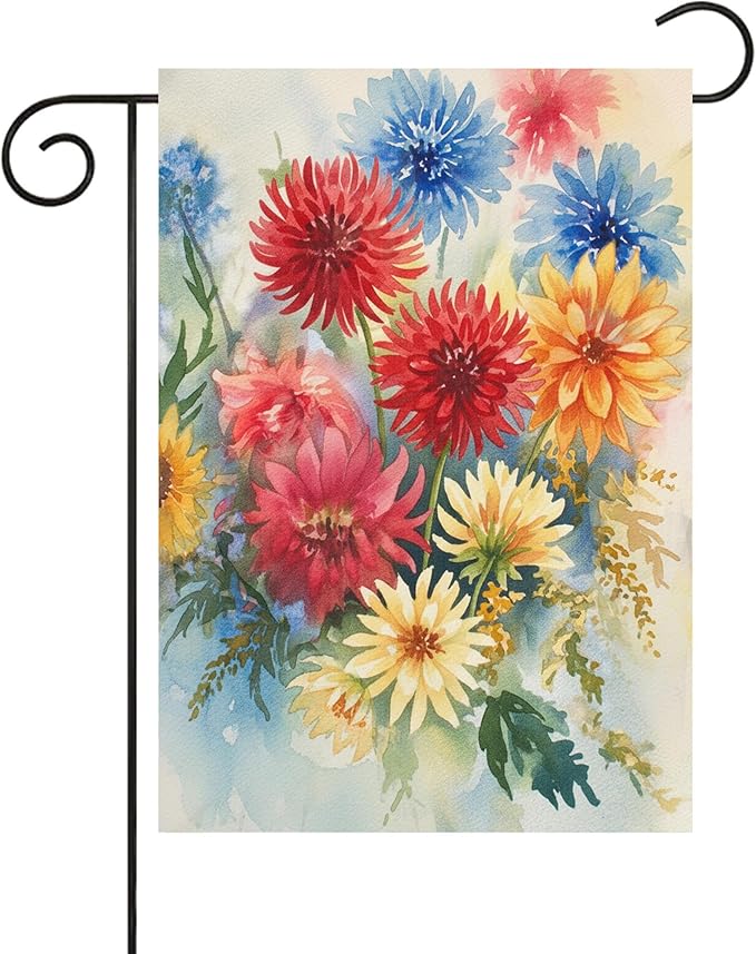 Seasonal Watercolor Summer Spring Floral Flowers Colorful Dahlias Garden Yard Flag 12 x 18 Inch, Double Sided Outdoor Decorative Welcome flags Banners for Home House Lawn Patio