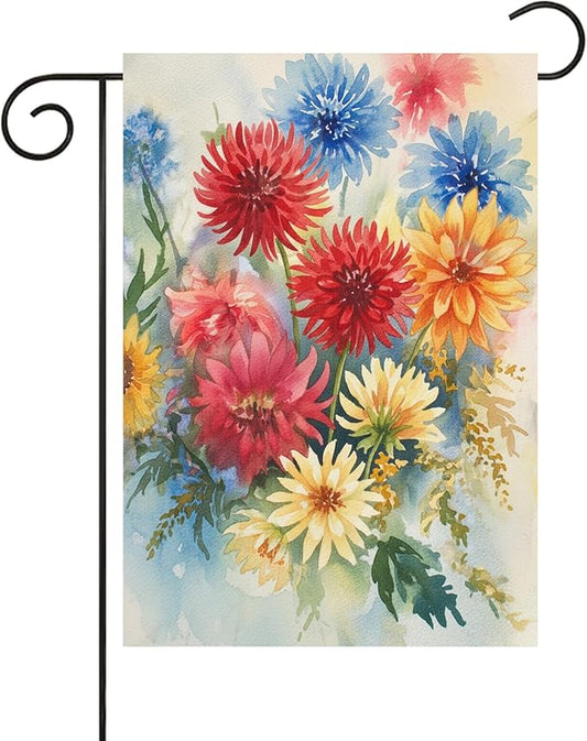 Seasonal Watercolor Summer Spring Floral Flowers Colorful Dahlias Garden Yard Flag 12 x 18 Inch, Double Sided Outdoor Decorative Welcome flags Banners for Home House Lawn Patio