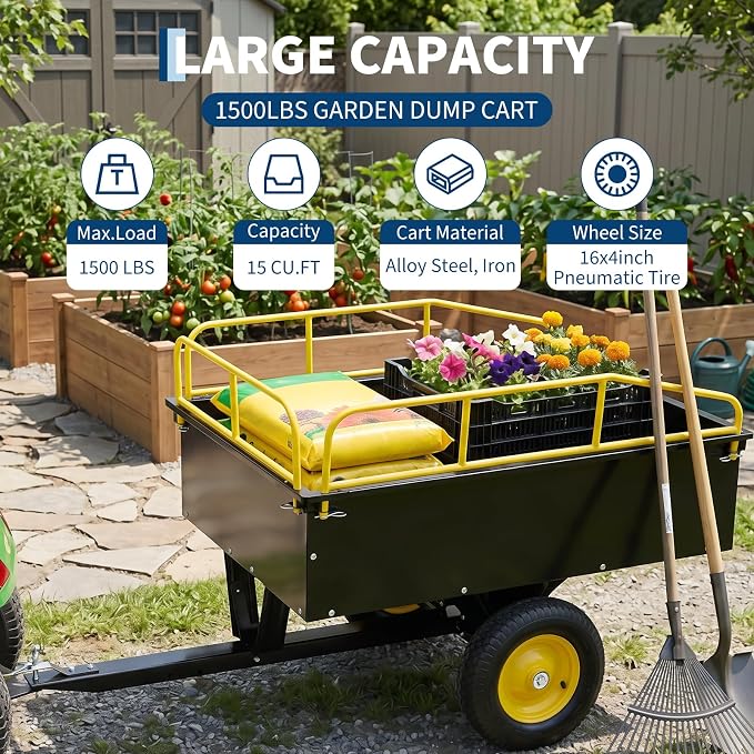 Garvee 750LB Heavy Duty Garden Dump Cart, 15 Cu ft Garden Trailer Steel Garden Cart with Removable Sides, Utility Wagon Tow Behind ATV UTV Lawn Mower Tractor, Foot Pedal Quick Dump