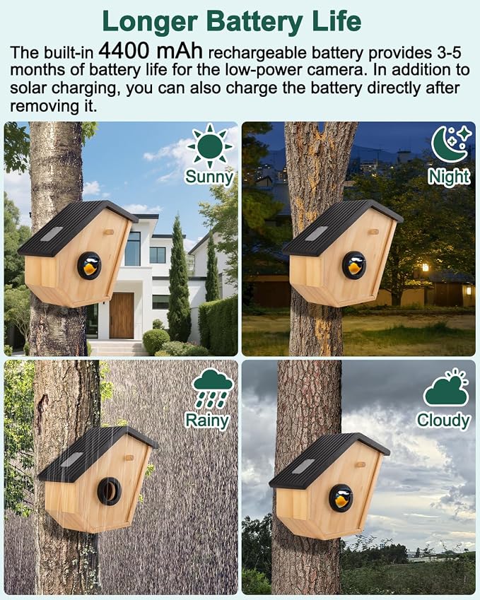 Smart Bird House with Camera, Birdhouse for Outdoor with 2K HD Camera, Solar Powered, Night Vision, Motion Detection & Activities in Real Time, 2.4G WiFi, Ideal Bird Nesting for Bird Lovers