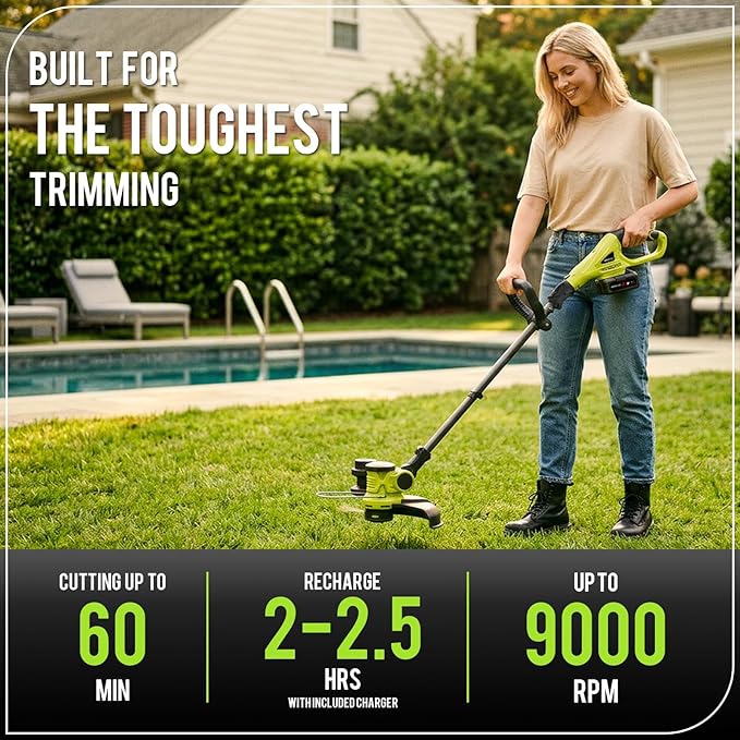 20V Cordless String Trimmer, 2x4Ah Grass Trimmer&Edger with 8 Replacement Spools, Battery Powered Weed Trimmer with Auto Line Feed for Garden, Lawn, Green