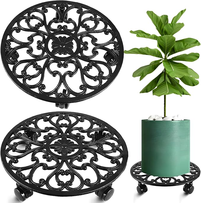 2 Packs 14 Inch Rolling Plant Stand with Wheels Metal Plant Caddy with Wheels Heavy Duty Round Plant Stand Indoor Iron Plants Rollers for Plants, Plant Dolly Planter Caddies