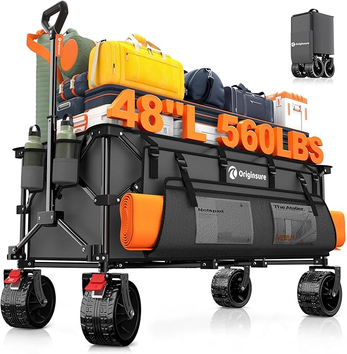 48" L Collapsible Wagon Cart Foldable, 560lbs Weight Capacity 300L Heavy Duty Folding Beach Wagons with Big All-Terrain Wheels, Utility Carts for Groceries, Shopping, Camping, Sports - Grey