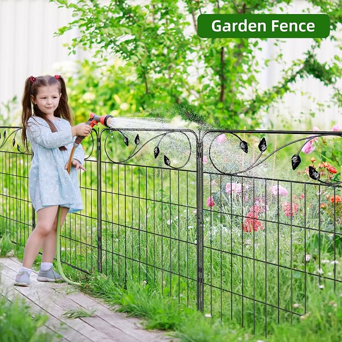 FOREHOGAR Decorative Outdoor Garden Fence 30in(H) X12ft(L) 6 Panels+7 Stakes Leaf Black Metal Garden Fencing for Landscape Lawn Patio, Temporary Animal Barrier Fences for Dogs