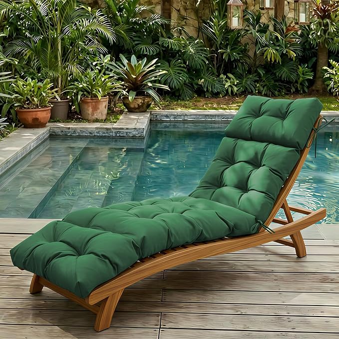 Outdoor Chaise Lounge Cushions 75.1x22.8x4.7 Inch, Waterproof Lounge Chair Cushions for Pool, Patio, Deck, Lawn, Fade Resistant Lounge Cushions for Outdoor Furniture with Ties, Forest Green