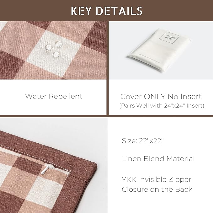 Crumbs Home Modern Farmhouse California Casual Indoor Outdoor Throw Pillow Cover, 22"x22" Water Repellent for Patio, Backyard, Couch, Poolside, Cocoa Brown Print Gingham