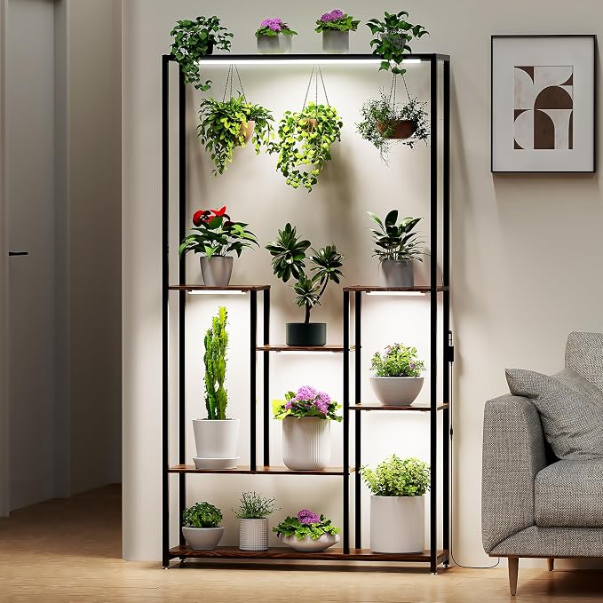 Tall Plant Stand with Grow Lights, 70" Tall Metal Stable Frame Indoor Plant Shelf,Metal Frame for Indoor Plants Multiple Flower Pot Holder,Large Plant Rack for Living Room Patio Corner