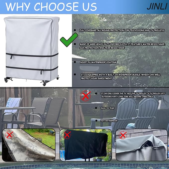 JINLI 55-60 inch outdoor TV trolley cover, courtyard TV cover, Oxford fabric waterproof and dustproof, triple windproof design, compatible with rolling/mobile stand,Grey