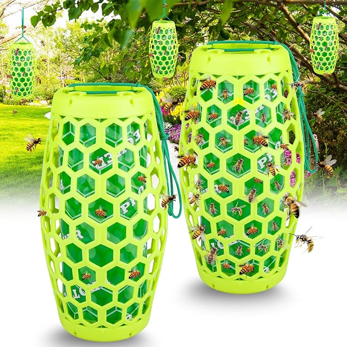Wasp Trap Bee Catcher - Outdoor Hanging Carpenter Bee Traps with 4 Sticky Boards, Non-Toxic Reusable Hornet & Yellow Jacket Trap, 2 Pack (Green)