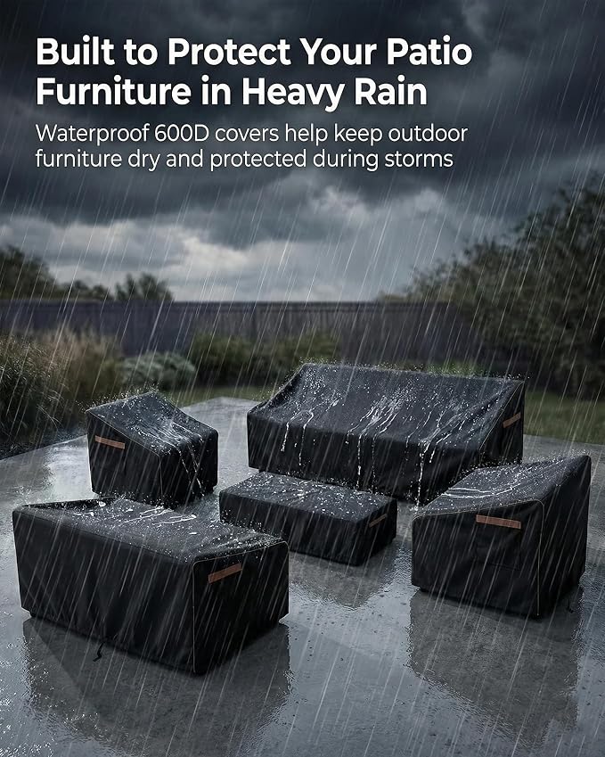 Patio Furniture Cover Set, 5-Piece Outdoor Furniture Cover Waterproof, 600D Heavy-Duty Lawn Patio Set Covers UV-Resistant Outdoor Protection for Sofa, Loveseat, Chairs & Coffee Table, All-Season,Black