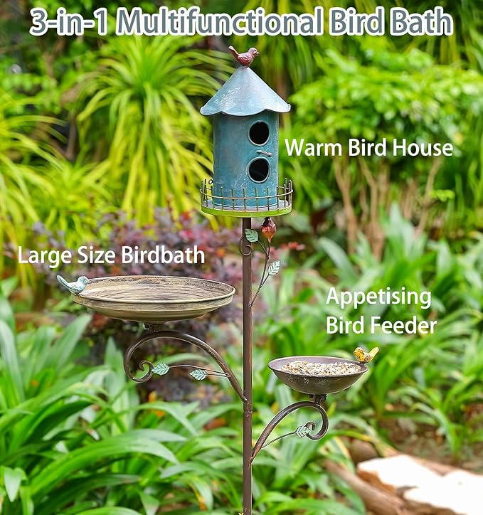 Metal Bird Bath Feeder and Houses for Outdoors, Birdbaths for Outside with 4-Prong Stake, 3 in 1 Free Standing with Blue House on Pole for Garden Patio Yard Lawn