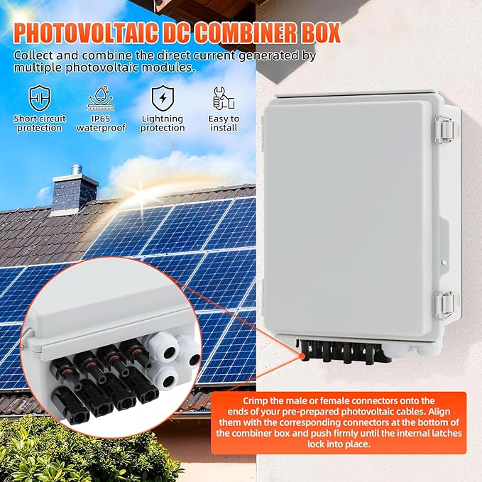 4 String Solar Combiner Box, IP65 Waterproof PV Combiner Box with 20A Rated Current Fuse, 63A Air Circuit Breaker,Lightning Arrester for On/Off Grid Solar Panel System