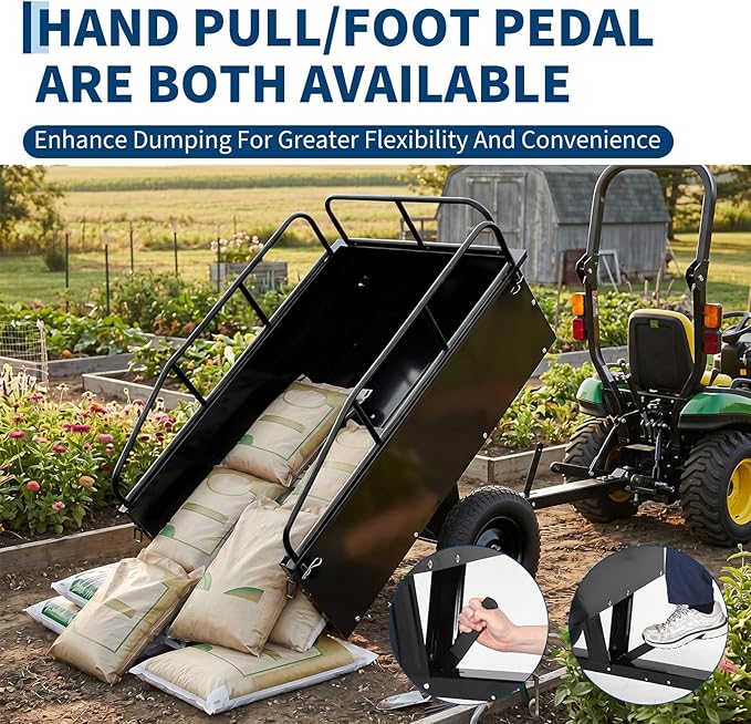 Garvee 750LB Heavy Duty Garden Dump Cart, 15 Cu ft Garden Trailer Steel Garden Cart with Removable Sides, Utility Wagon Tow Behind ATV UTV Lawn Mower Tractor, Foot Pedal Quick Dump