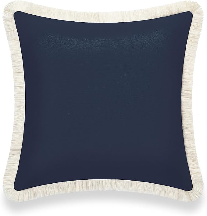 Hofdeco Premium Coastal Hampton Style Patio Outdoor Performance Pillow Cover Only, 20"x20" Water Repellent, UV and Fade Resistant for Backyard, Couch, Dark Navy Blue Solid with Fringe