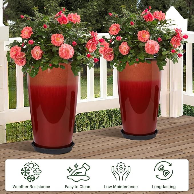 Neoaider Set of 2 Lightweight Ceramic-Look Tall Planter, 21 inch Large Plastic Planter with Drain Hole & Saucers, Large Outdoor Planters for Porch, Garden, Patio, Balcony(Fiery Red)