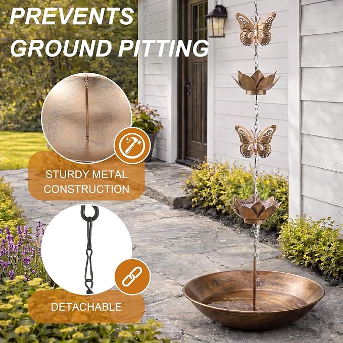 MorningRo Brass 8.5ft Rain Chains for Gutters Outside with Anchor Basin 12 Cups Rain Chain Catcher Downspout Replacement Adjustable Metal Garden Rainwater Divert for Eaves Drainage (Butterfly)