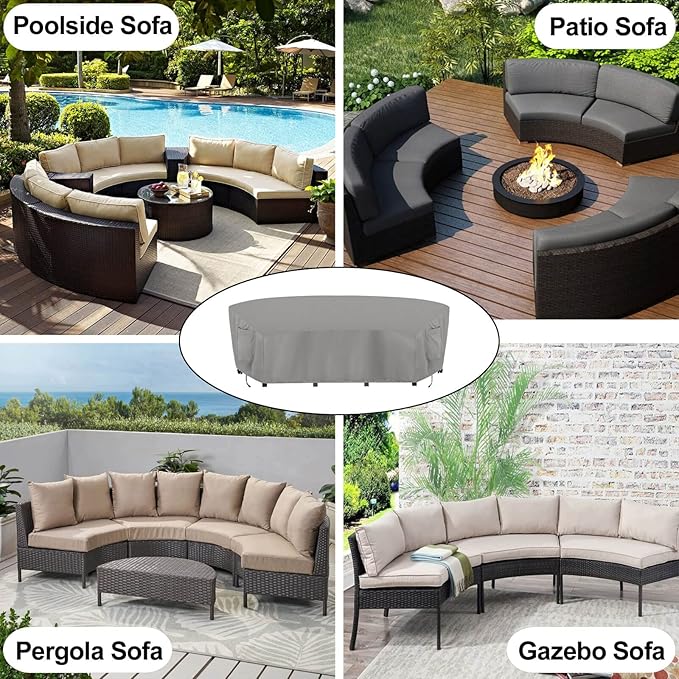 OutdoorLines Waterproof Curved Outdoor Sectional Cover - UV Resistant Windproof Patio Sectional Sofa Covers for Deck, Lawn and Backyard, Heavy Duty Furniture Covers (150Lx36Dx38Hx112FL, Grey)