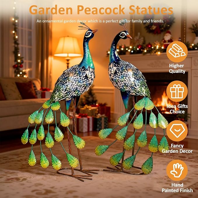 Kircust Metal Outdoor Solar Peacock Statues for Garden & Yard | Weatherproof Decor with Lights, Elegant Gift for Patio