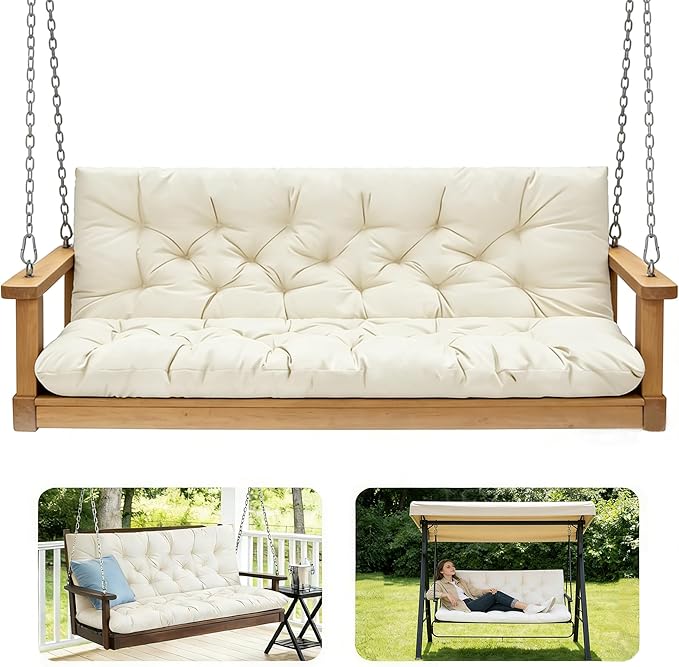 Porch Swing Cushions,Outdoor Cushions 3 Seater Replacement with Backrest, Waterproof Thickened Bench Cushion with Ties for Porch, Patio,Outdoor, Backyard and Garden (Cream 60 * 40 in)
