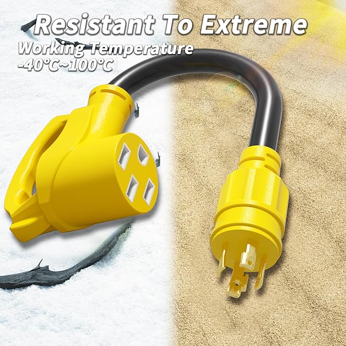 PlugSaf 4 Prong 30 Amp to 50 Amp RV Generator Adapter Cord, NEMA L14-30 Twist Lock Male Plug to NEMA 14-50 Female Plug, 12 Inch(1 FT) 10 Gauge STW Power Cord, Max 30A 125V/250V, Yellow, ETL Listed