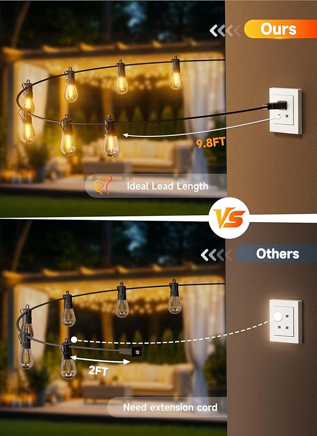 Minetom 101FT Outdoor String LED Patio Lights Waterproof,46 Shatterproof S14 Vintage Edison Bulbs,Commercial Grade Outside Hanging Lights Waterproof for Porch Deck Garden Backyard Balcony Cafe Bistro