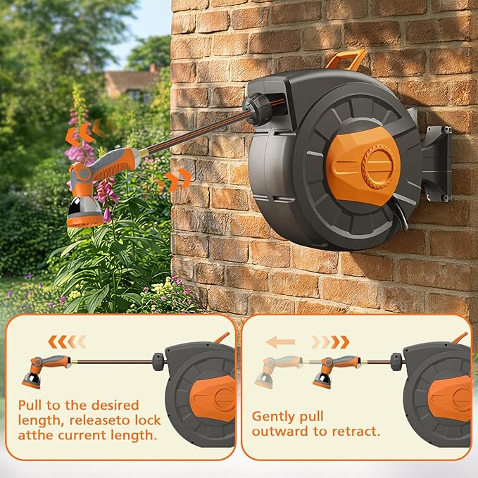 Retractable Garden Hose Reel 100 FT, 1/2" Heavy Duty Garden Hose 435 PSI Burst Pressure, Wall Mounted Water Hose Reel with 10-Pattern Nozzle, 180° Swivel, Slow Auto Rewind & Any Length Lock