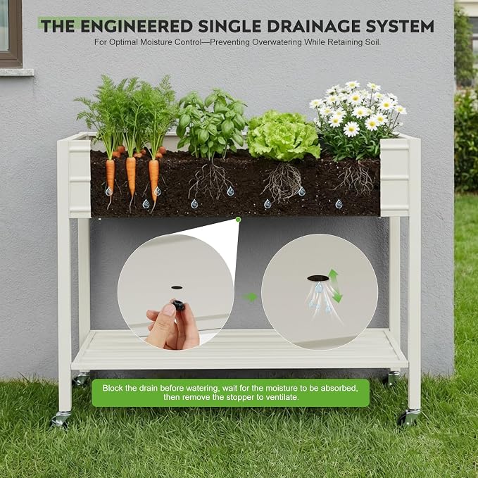 32" Tall Galvanized Raised Garden Bed with Legs Wheels & Shelf, Elevated Planter Box Outdoor for Vegetables, Herbs & Flowers, Patio & Backyard, Garden Bed with 400lb Capacity，White