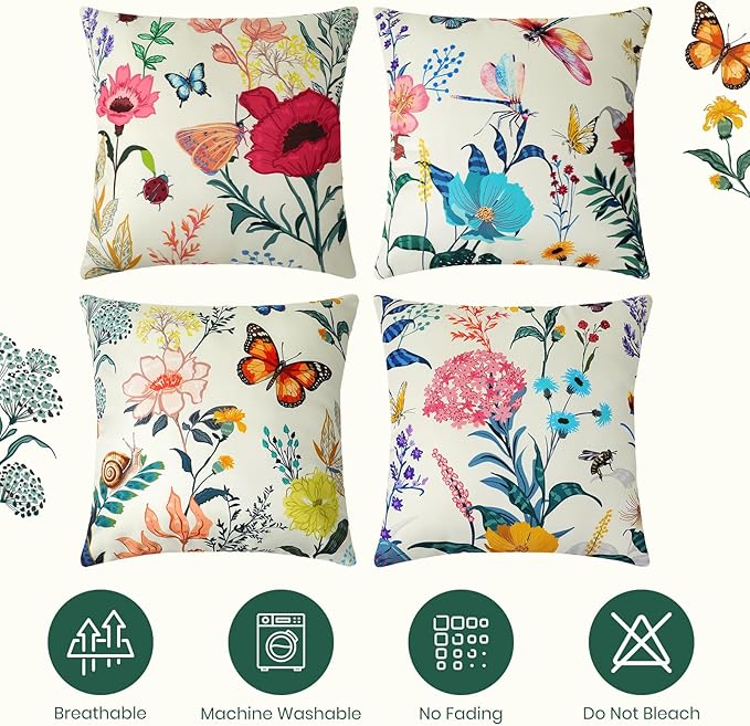 Premillow Outdoor Pillow Covers 18x18 Inch Set of 4, Spring Summer Flower Decor Throw Pillow Covers Outside Waterproof Pillow for Patio Furniture Bench Chair Couch Sofa
