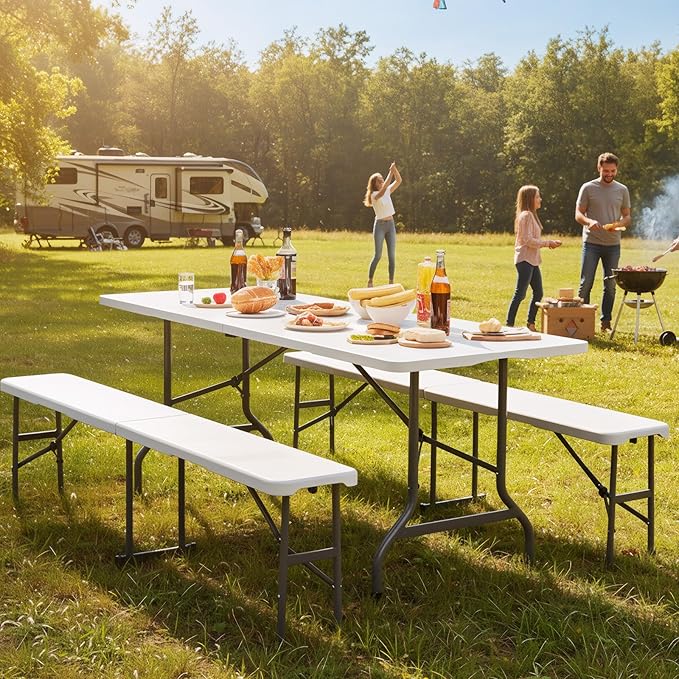 Bonnlo White Folding Picnic Table Set with 2 Benches, 6 Feet Camping Table Chair Set, Modern Portable 3-Piece Furniture for Indoor/Outdoor Use, White Folding Picnic Table with Smooth Tabletop