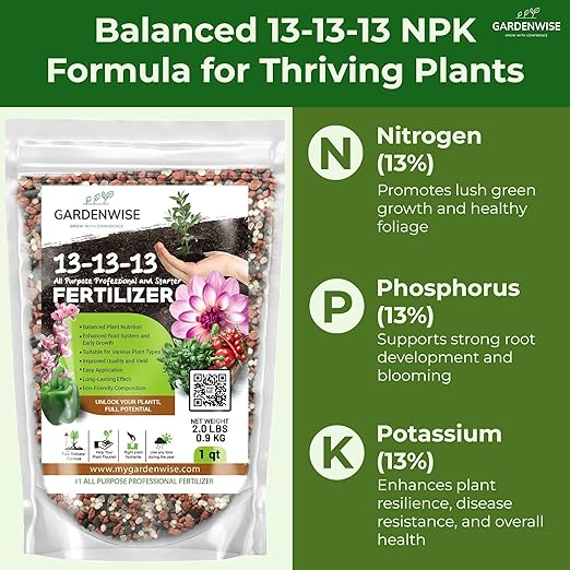 Gardenwise 13-13-13 Slow Release Granular Fertilizer – All Purpose Plant Food 13 13 13 for Outdoor Grass, Vegetables, Roses, Flowers, Shrubs, Trees. Lawns, Gardens, Potted Plants (2 quarts)