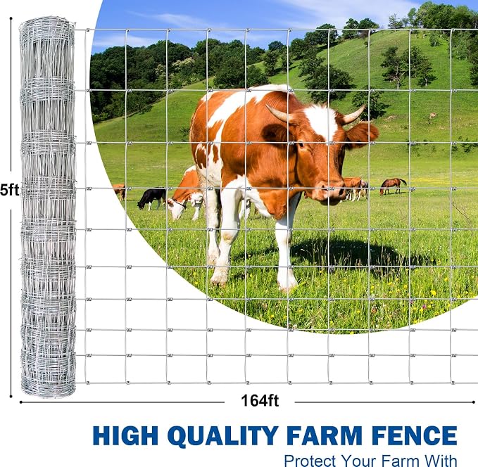 Galvanized Farm Fence, 5ft x 164ft Heavy Zinc Coated Wire Fencing for Livestock & Animals, Ideal for Goats, Cattle, Hogs, Deer, Cattle Panel & Pasture Enclosure