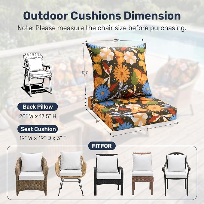 UNIKOME Outdoor Seat Cushions 19 X 19 Inch - Water-Resistant & Fade Resistant, Removable Cover Patio Furniture Cushions for Chair, Sofa, Couch, Wicker, Flower