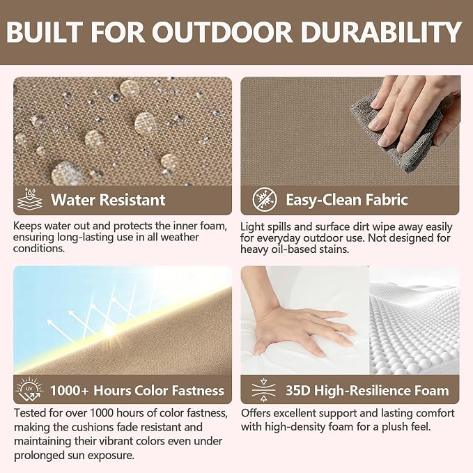 Goodgoods 24 x 28 Outdoor Patio Deep Seat Cushions 2-Pack, 1000+ Hours Fade-Resistant & Water-Resistant Outdoor Furniture Chair Cushions with 35D High-Resilience Foam for Sofa Chair, Brown
