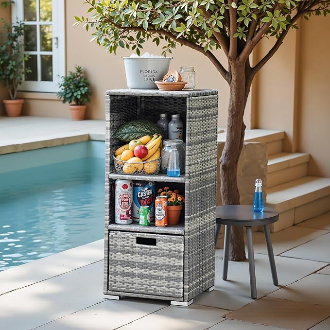 Devoko Outdoor Pool Towel Rack Patio Waterproof Rattan Wicker Storage Cabinet Shed with Shelves & Drawer (Grey)