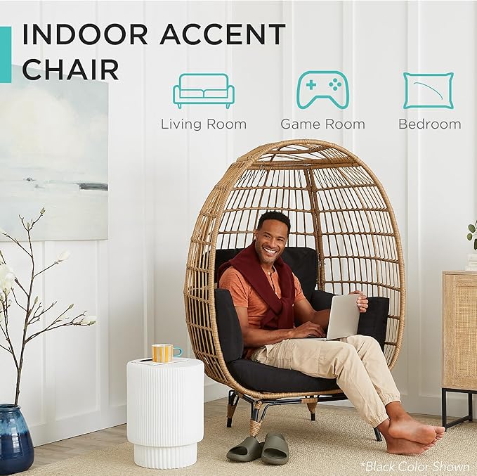 Best Choice Products Wicker Egg Chair, Oversized Indoor Outdoor Lounger for Patio, Backyard, Living Room w/ 4 Cushions, Steel Frame, 440lb Capacity - Black/Black