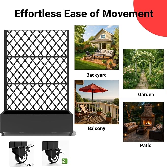 Metal Raised Garden Bed, 72" H x 47" W Privacy Planter Box with Trellis and Wheels, Hook, Freestanding Privacy Planter Box for Climbing Plants, Vegetables & Vines, Drainage Holes