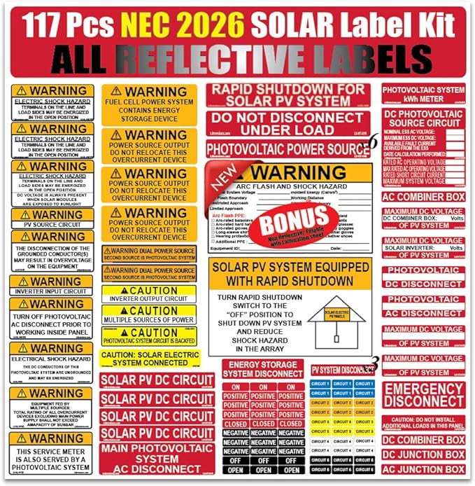 117 Pack Reflective NEC 2026/2023/2020/2017 Code Compliant Photovoltaic Solar Panel Label Kit Electrical Panel Safety Stickers Outdoor Rated Waterproof