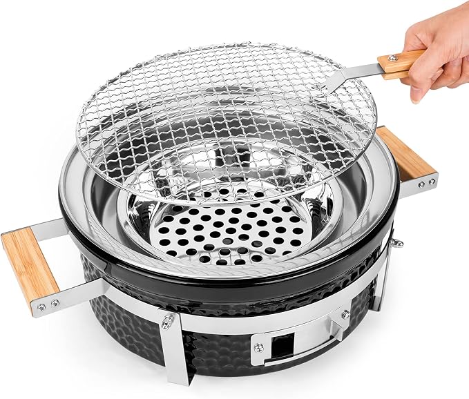 ONLYFIRE GRILLS Ceramic Hibachi Charcoal Grill with Grid Lifter, 14" Portable BBQ Yakitori Grill with Stainless Steel Grate for Outdoor Patio Backyard Barbecue Cooking, GS305