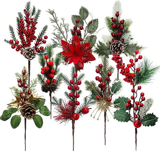 Christmas Floral Flowers Picks Artificial Red Berry Stems with Pinecones Pick and Sprays for Christmas Tree Wreath Winter Car Room Holiday Decorations 9 Pack