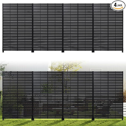 Outdoor Privacy Screen 72" H HDPE Decorative Panel Freestanding Privacy Fence with Stand, Privacy Screens with Louvered 6 Panels, Weather-Resistant Panel Fence for Patio, Balcony, Pool,Black